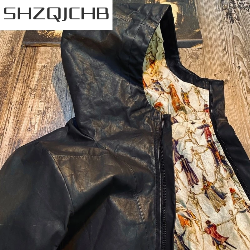 

JCHB 2021 Gothic Mens Hoody Windbreaker Trench Coat Mid Long Cowhide Genuine Leather Jacket Male Casual Streetwear Bikers Leathe
