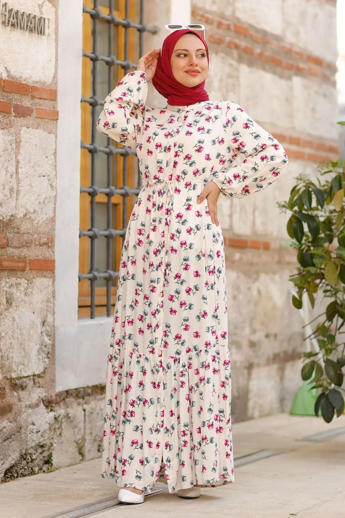 

Button Floral Patterned Dress Fashion Muslim Women Hijab Dress