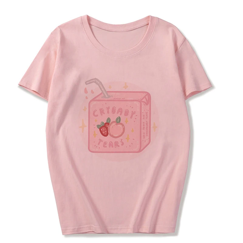 2680-Pink Summer New Pink Fashion Korean Style Women's Japanese Peach Juice Drink Print Harajuku Vogue Casual Loose Kawaii Female T Shirt - Color: 2680-Pink