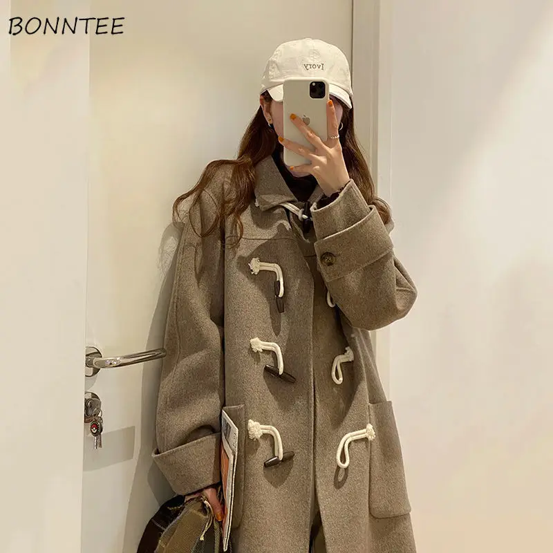

Blends Women Winter Korean Style Loose Fashion Horn Button Outwear Sweet Vintage Thicker College All-match Turn Down Collar Chic