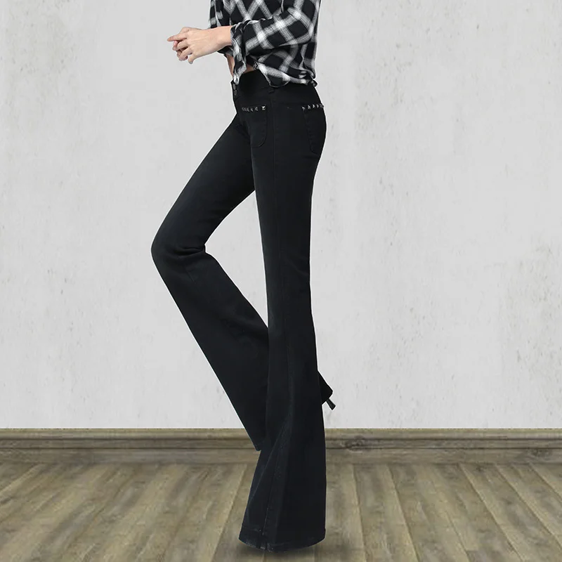 Brand New Womens Jeans Vintage Solid Denim Wide Leg Trousers Female Elegant Slim Fit Black Flare Pants Plus Size 25-32