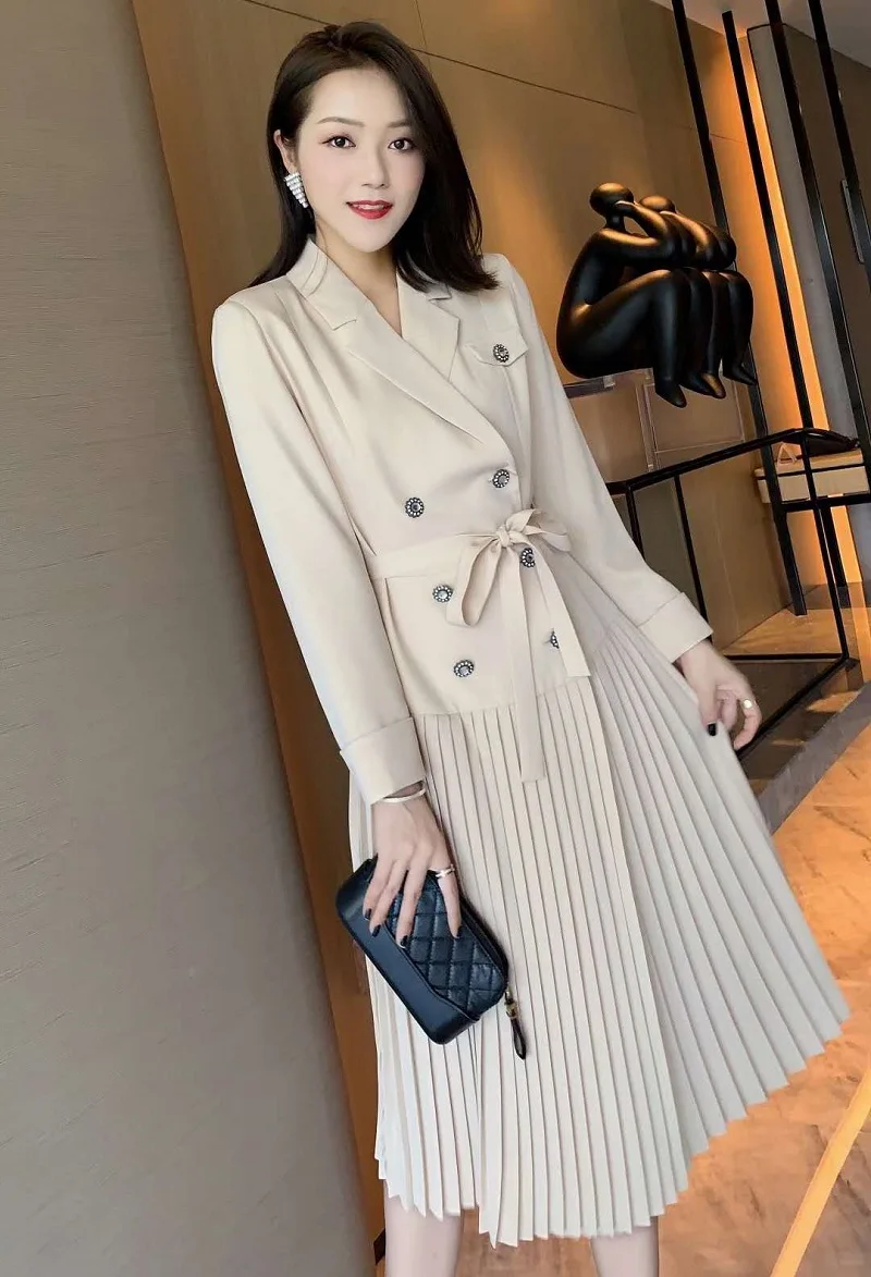 

High Quality New 2020 Autumn Winter Style Dress Women Notched Collar Double Breasted Long Sleeve Apricot Black Pleated Dress OL