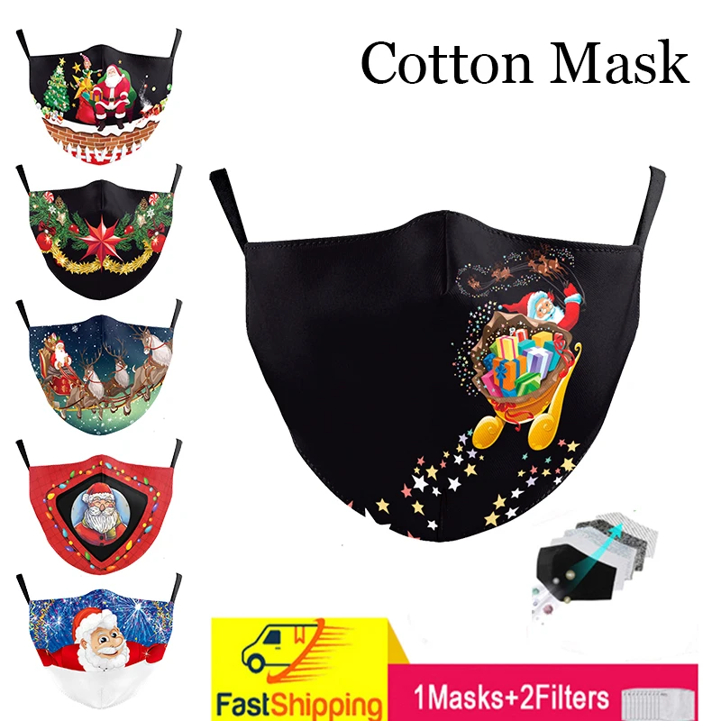 

New Christmas Masks Kids Adult Santa Claus Print Mouth Mask Reusable Washable Face Cover With 2 pcs 5-Layer Filter