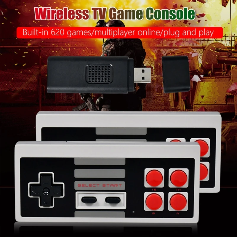 

Wireless Controller Game Console Built-in 620 NES Classic Nostalgic Games 8-bit FC with 2.4G TV Stick