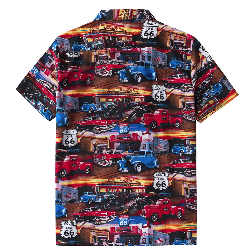 

Men's Beach Hawaiian Shirt Tropical Summer Classic 50s Cars Route 66 print Blouse Casual Loose Cotton Button Down Shirts