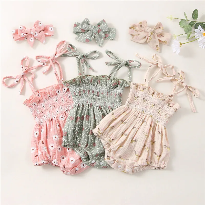 

Lovely Summer Princess Baby Girls Romers Flower Print Frill Cotton Linen Bandage Romper Jumpsuits Headband Holiday Beach Outfits