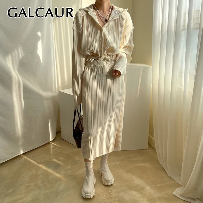 

GALCAUR Straight Black Two Piece Set Womens Lapel Collar Long Sleeve Tops High Waist Midi Skirts Solid Sets Female Autumn 2021