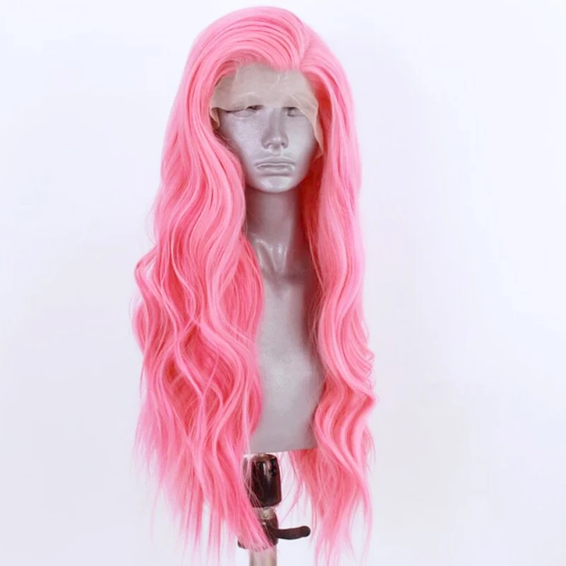 RONGDUOYI Long Wavy Heat Resistant Fiber Synthetic Lace Front Wig Pink Hair Cosplay Wigs for Women with Side Part | Шиньоны и парики