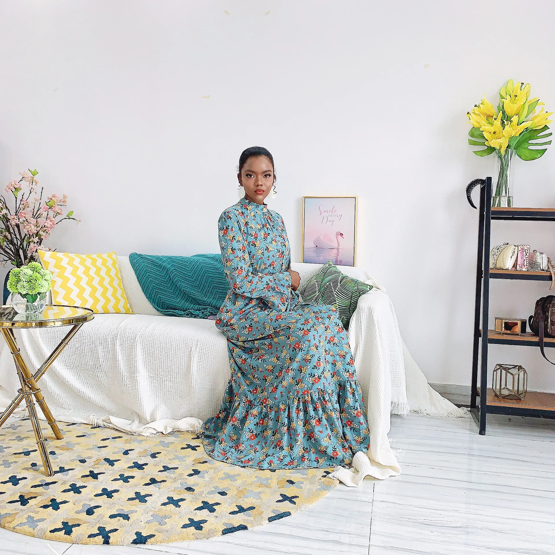 

Donsignet Ramadan Muslim Dress Middle East Eid Dubai Abaya Turkey Plus Size Printed Dress Horn Sleeve Ankle Muslim Fashion Robes