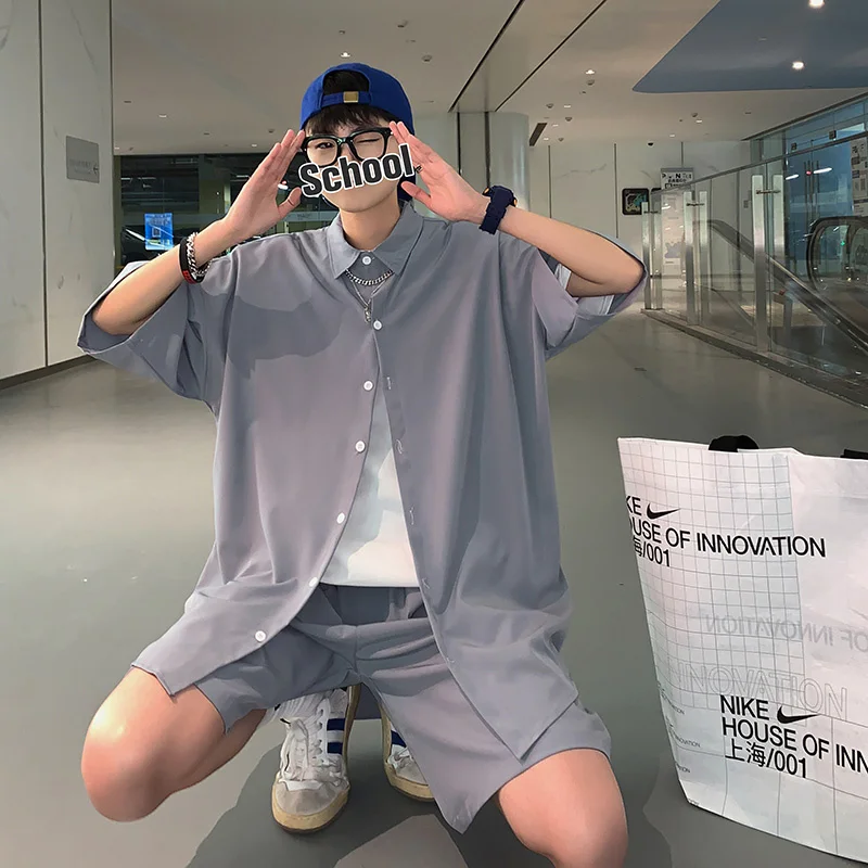 Костюм мужской летний из тонкой рубашки и шортов с коротким рукавом|Мужские