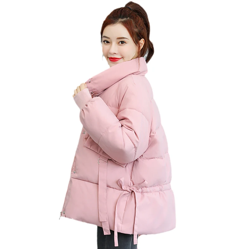 Solid Stand Collar Loose Women's Winter Jacket Korean Style Warm Parka Long Sleeve Oversized coat Black Puffer | Женская одежда