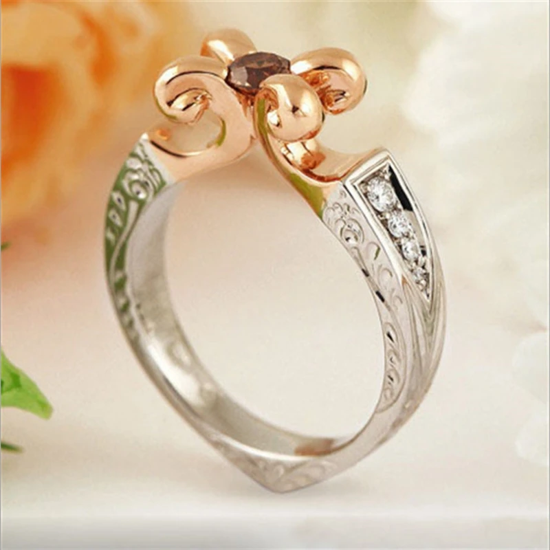

Women Two Tone Trend Flower Rings Wedding Engagement Party Jewelry Gift