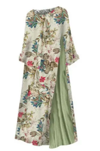 Boho женское хлопковое льняное свободное нарядное платье Летнее цветочное платье длиной до щиколотки плюс размер Лето Новое - Цвет: Зеленый