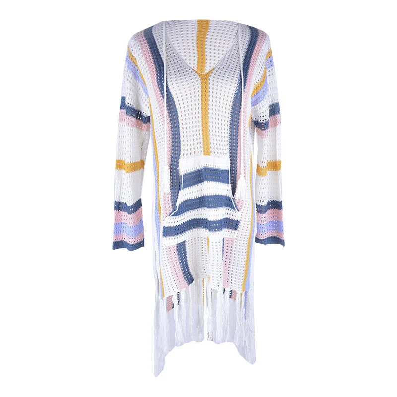 

New Knitted Fringes Hollow Out Striped Beach Skirt Bikini Cover Shirt Sunscreen Shirt