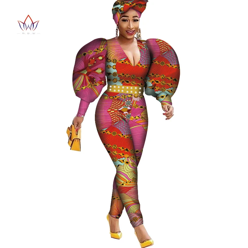 Женский комбинезон с длинными рукавами и буфами в африканском стиле принтом