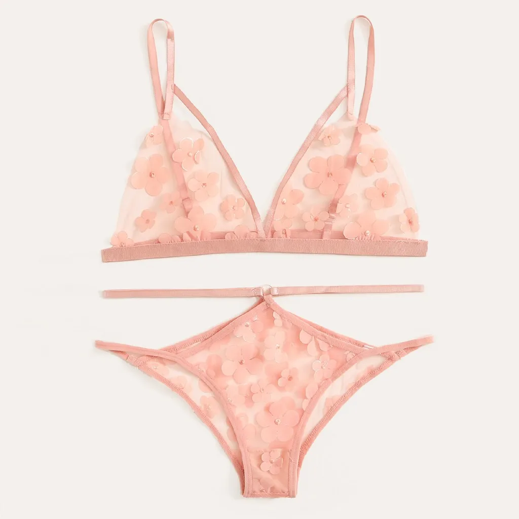 1 Set Lace Lingerie New Women Cute Flower Applique Sheer Cut-Out Bra Thong Lingerie Underwear Set E30