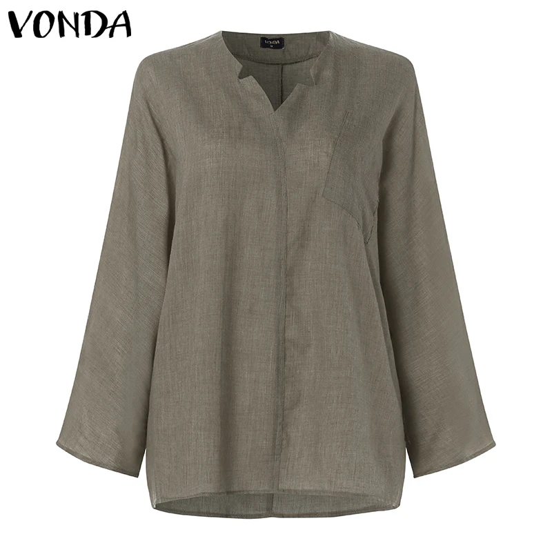 Хаки VONDA, 6 цветов, Женская винтажная блуза, Повседневная рубашка,, осень, длинный рукав, v-образный вырез, топы, OL Blusas, Пляжная Женская Туника размера плюс - Цвет: Хаки