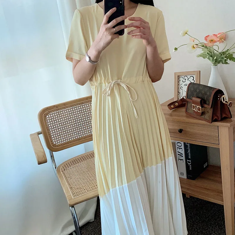 

New Korean One-Piece Short Sleeve Stitching Pleated Chiffon Midi Dress Female 2021 Sundress Elegant Fashion Office Ladies Dress