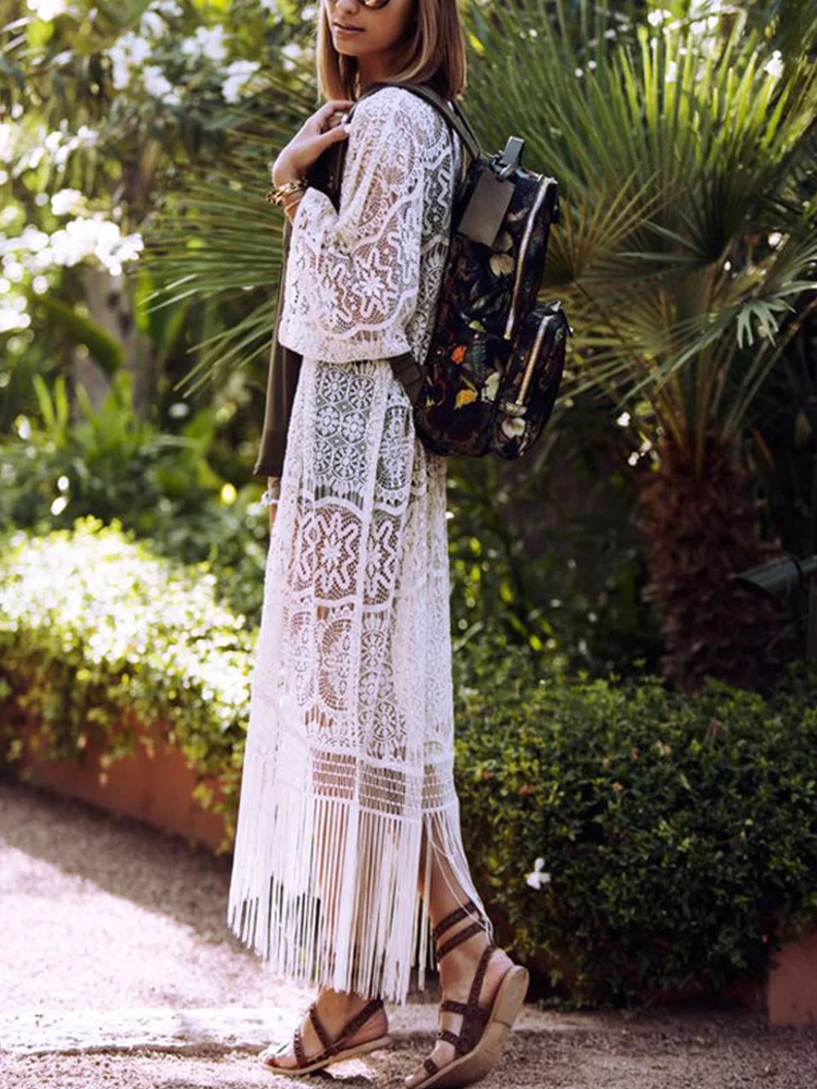 Белая кружевная накидка для пляжа 2019 г. новая с кисточками пляжная одежда бикини