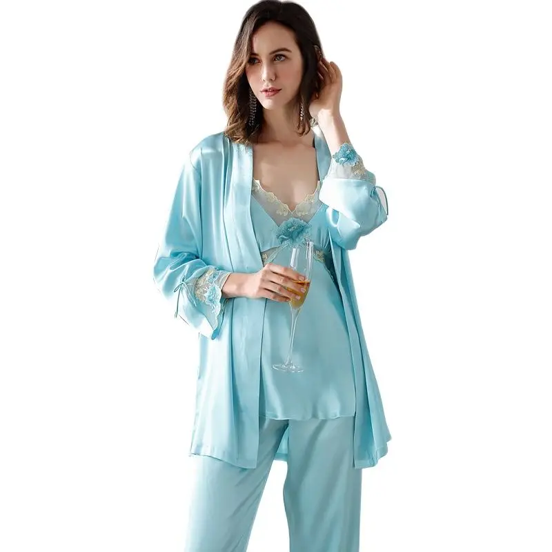 

Latest Ice Silk Sexy Lace Pajama Sets Female Three-Piece Summer Thin Sling Long Pants Home Wear Woman X6633