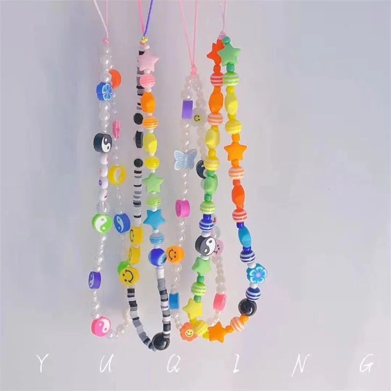 

2021 Woven Love Letter Beaded Anti-lost Phone Chain Soft Ceramic Lanyard Charm Strap Mobile For Girls Phone Choker Keys Chain