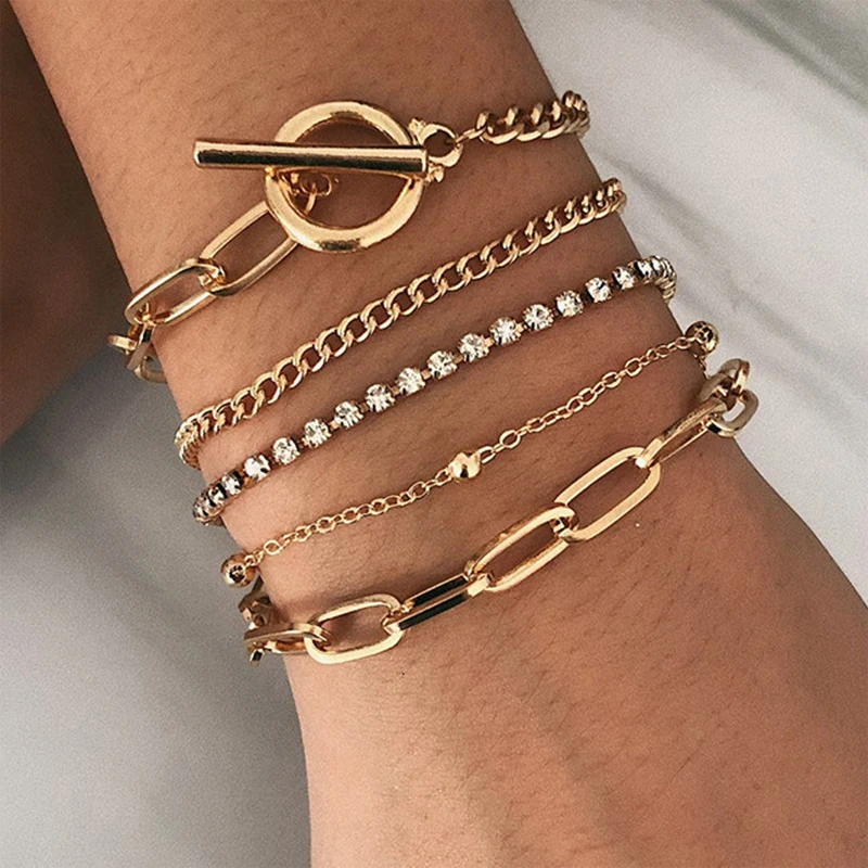 

5Pcs/Set Bohemian Gold Crystal Thick Chains Bracelet For Girls Punk Jewelry Trendy Lady Charms Women's OT Buckle Bracelet