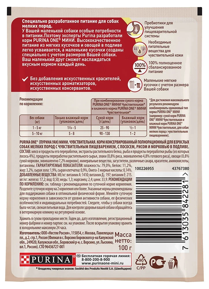 Влажный корм для собак мелких пород Purina ONE МИНИ Чувствительная, с лососем, рисом и морковью в подливе, Пауч, 100 г(24 шт
