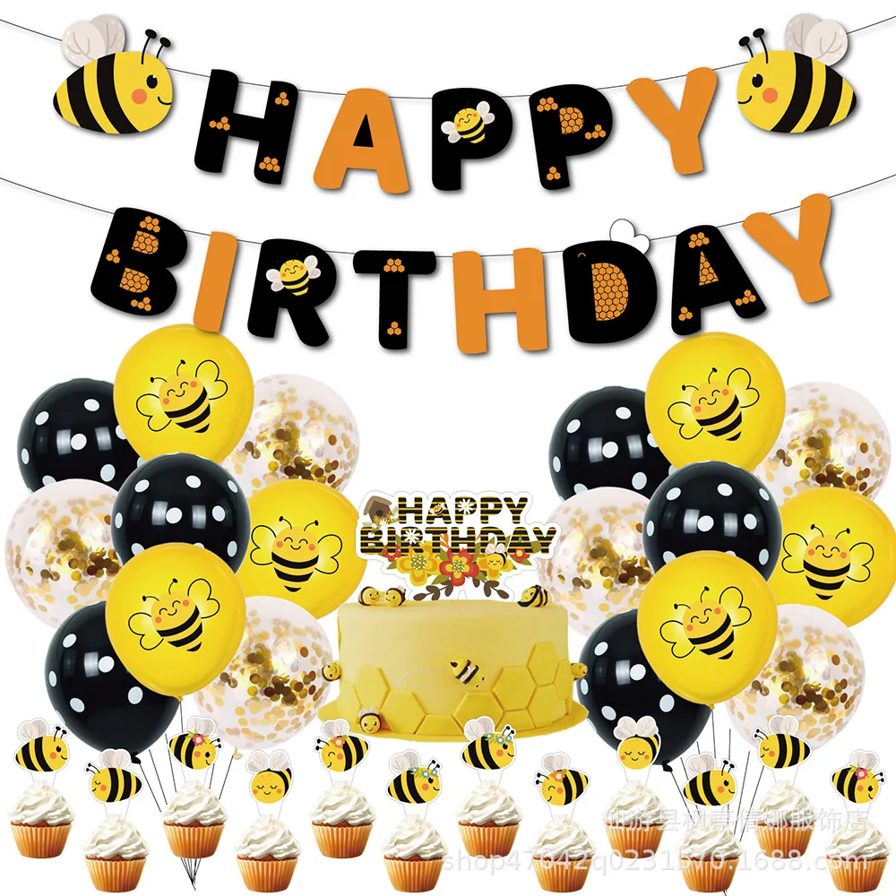 

Bee Theme Birthday Party Decoration Balloon Set with Cupcake Topper Happy Birthday Banner Latex Balloon for Kids Boy Girl