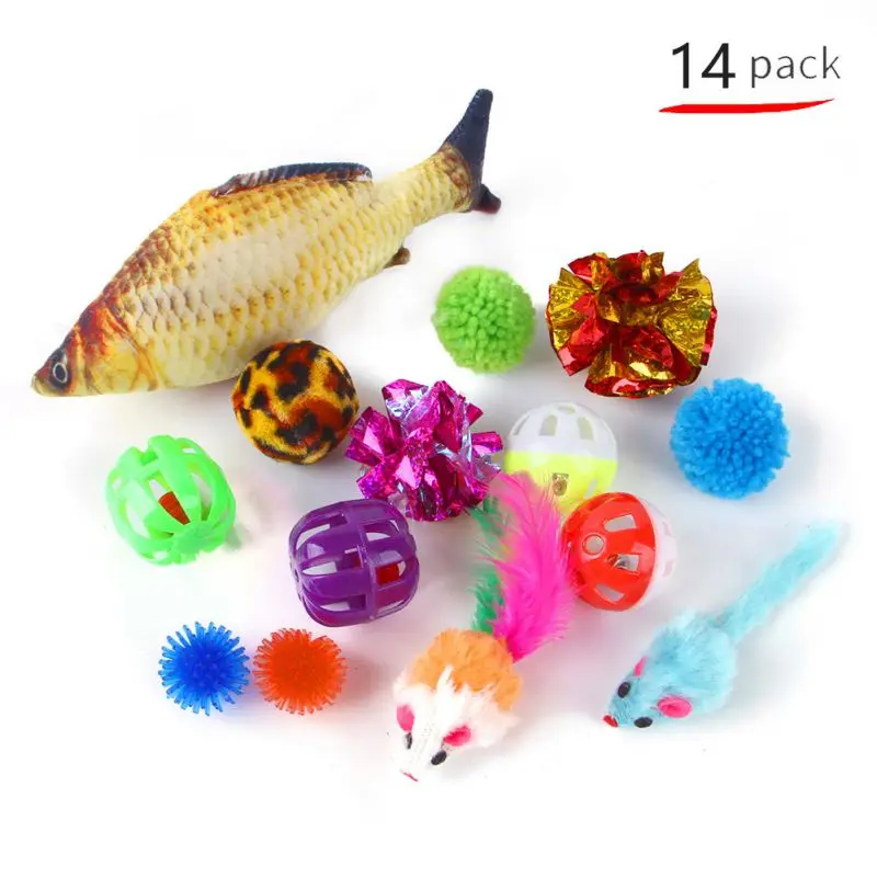

14pcs Cat Fish Catnip Toy Set Assorted Cat Interactive Bite Resistant Toys Color Crinkle Paper Ball Cat Sound Toys for Small Cat
