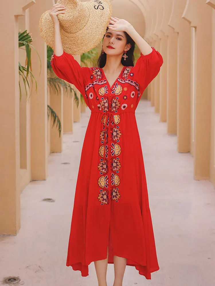 

Summer New Southeast Asia Travel Vacation Wind Beach Dress Ethnic Wind Retro Embroidered Cardigan Type Button In The Long Dress