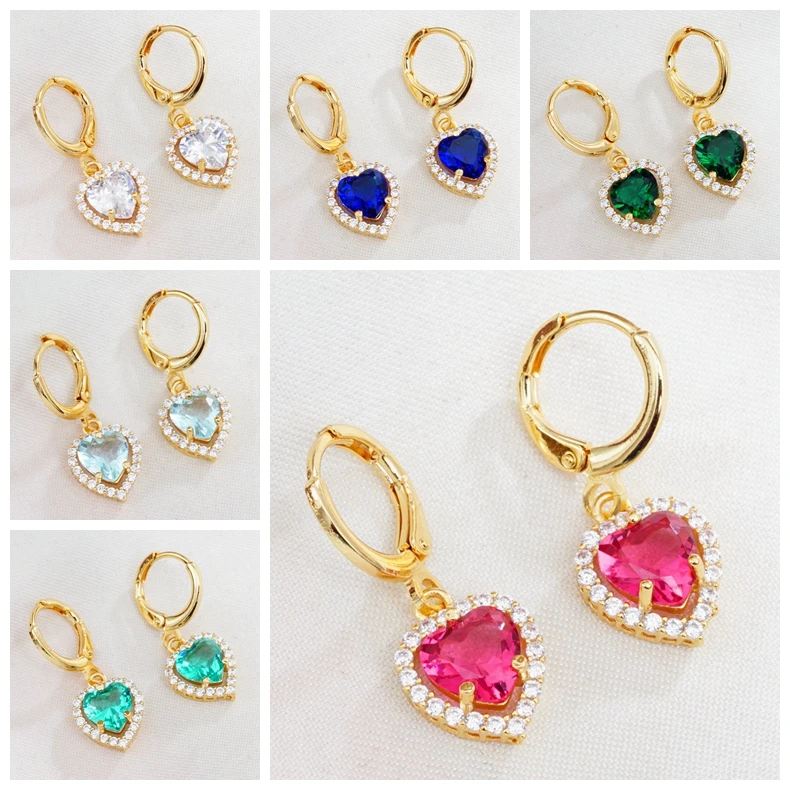 18 видов стилей серьги-подвески в форме сердца золотого цвета с фианитами