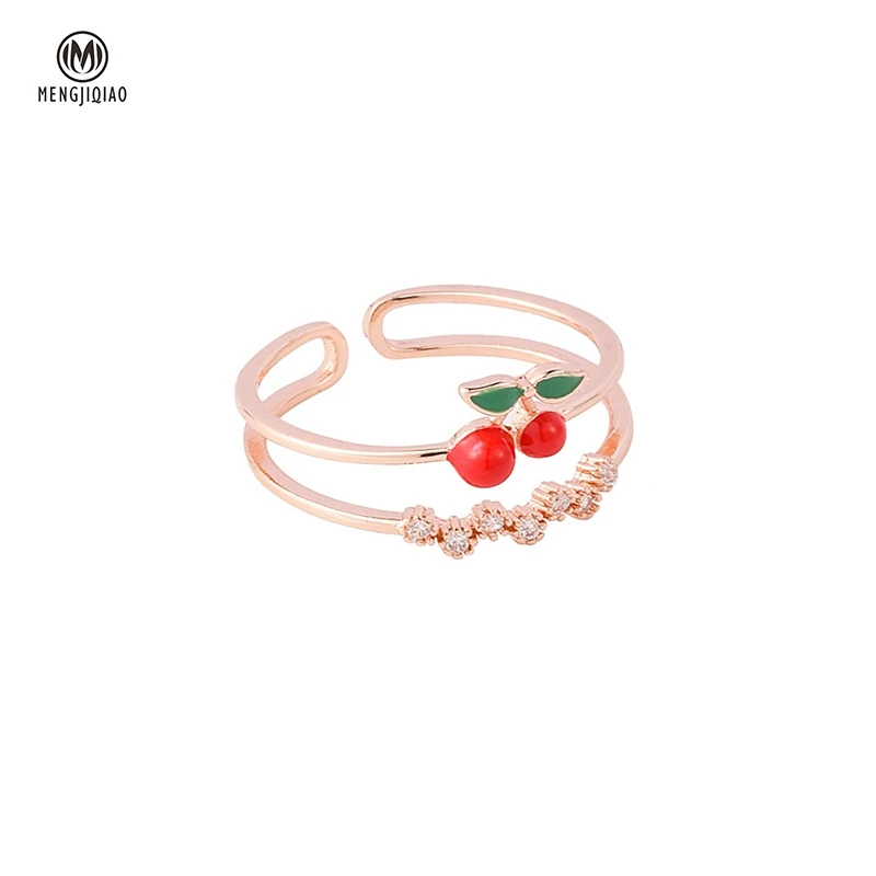 

MENGJIQIAO Fashion Cute Fruit Cherry 2 Layers Adjustable Rings For Women Students Zircon Mid Finger Knuckle Rings Jewelry