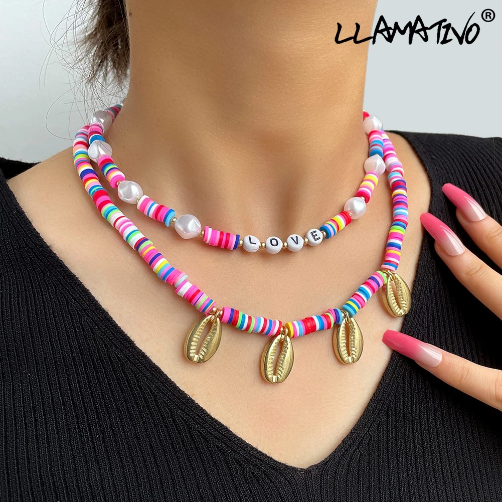 

2Pcs/Set Shell Colorful Soft Clay Irregular Pearl Beaded Necklace for Women Handmade Letter Beads Choker Necklaces Jewelry Gifts