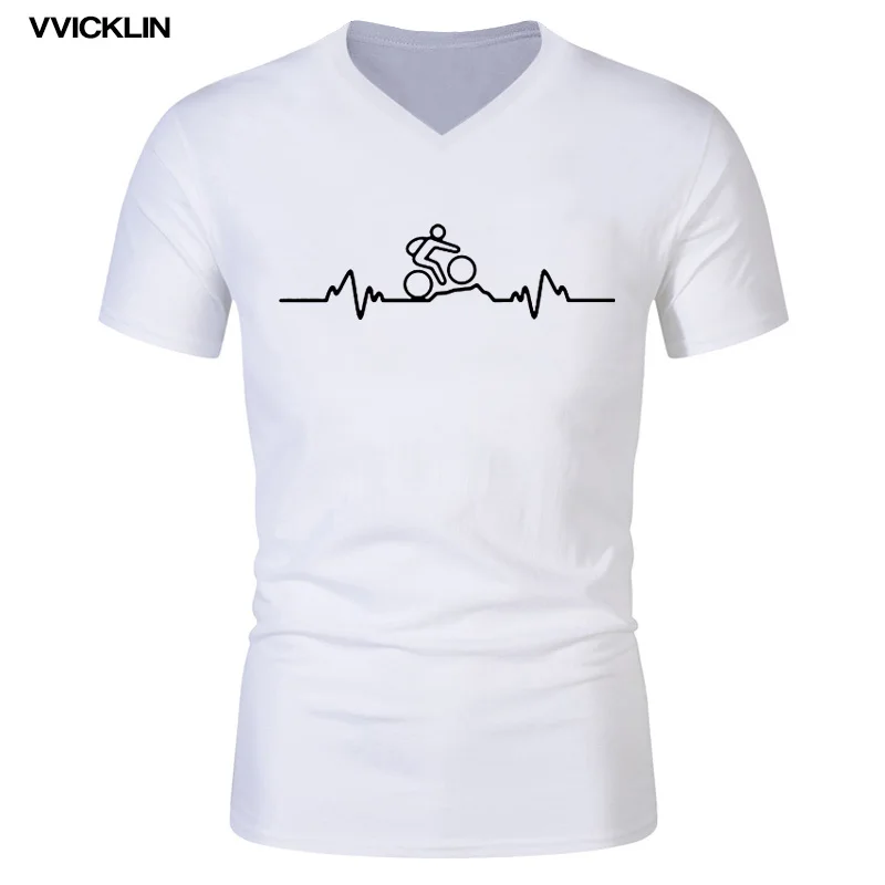 

Men's V-neck Cotton Short Sleeves T Shirts Mountain Biker Heartbeat Pulse Cyclinger T-shirt Cycle Fashion Funny Birthday Gift