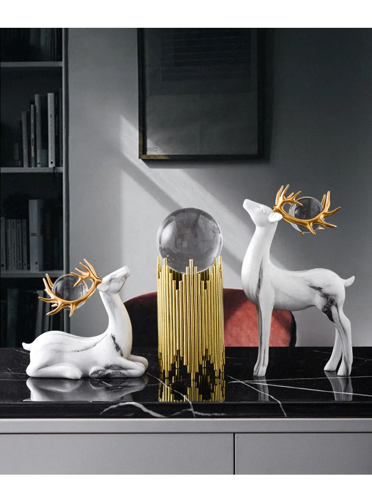

Nordic Couple Elk Lucky Resin Decorations Craft Transfer Crystal Ball Gift for Wedding Wine Cabinet Porch Decoration Deer Statue