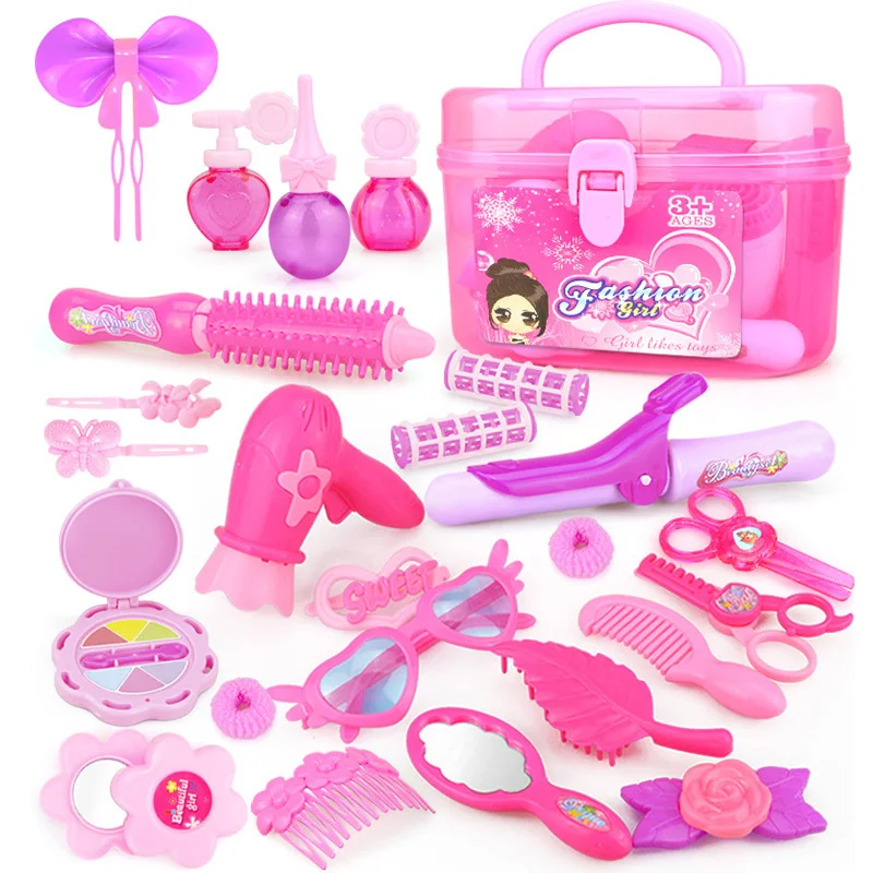 

24-30PCS Pretend Play Kid Make Up Toys Pink Makeup Set Princess Hairdressing Simulation Plastic Toy For Girls Dressing Cosmetic