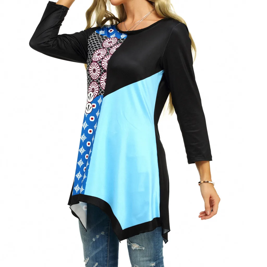 Женская блузка с длинным рукавом и О образным вырезом принтом неровным подолом