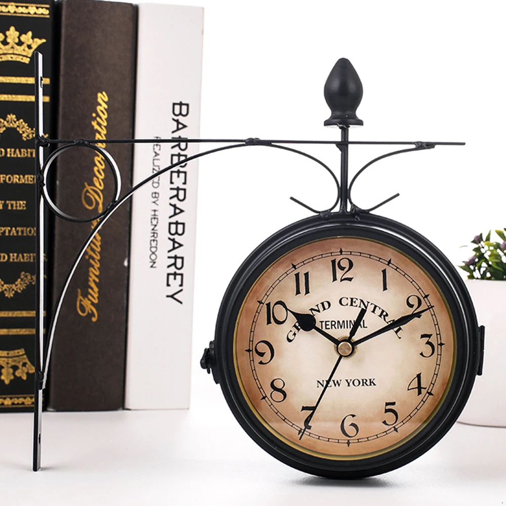 

Double Sided Wall Clock Vintage Silent Retro Clock Metal Iron Wall-Mounted Home Decor Garden Coffee Bar Decoration Round Station