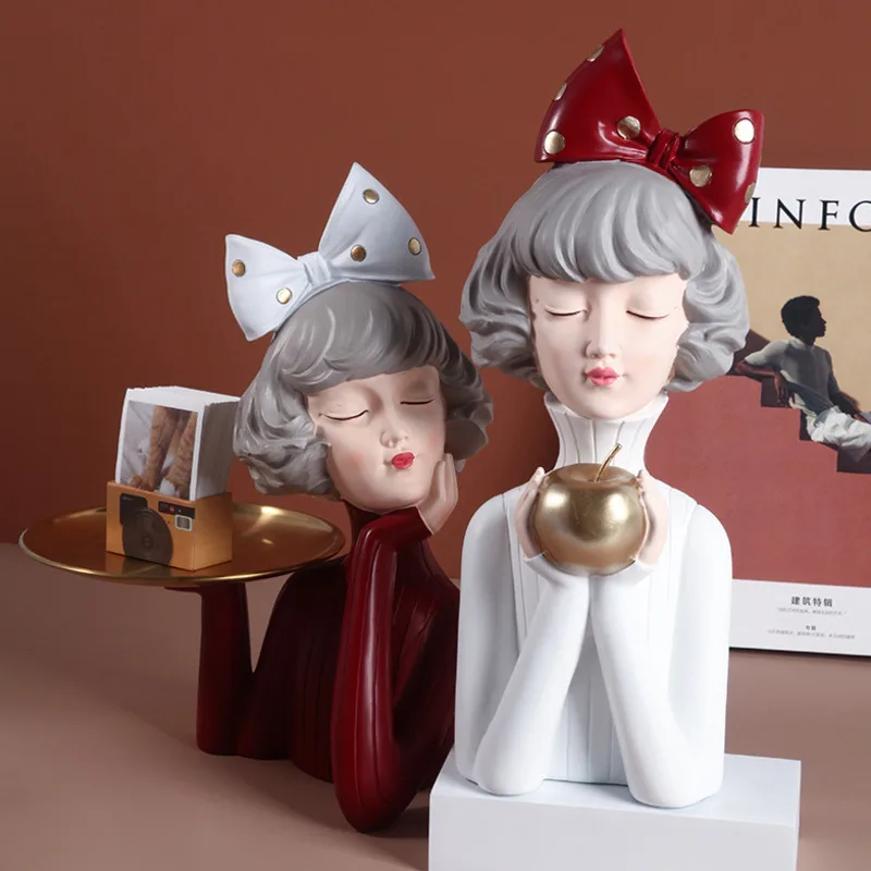 

Modern Luxury Bowknot Girl Resin Figurines Girl Statue With Tray Storage Plate For Room Decor Wedding Gifts Home Decoration