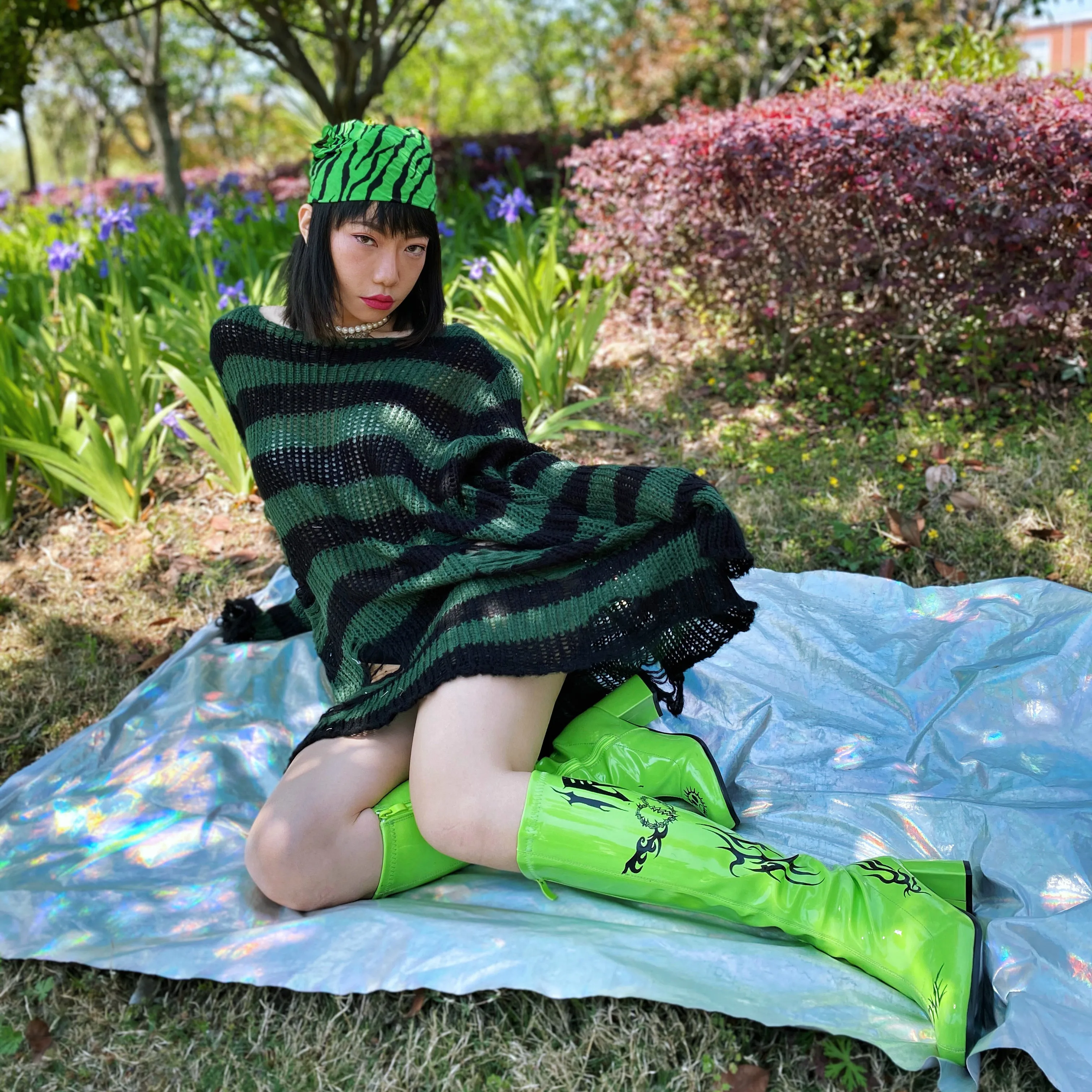 

Women Sweater Punk Gothic Knitted Striped Loose Hollow Pullover Female Long Pullover Harajuku Streetwear Chic Femme