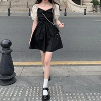 summer 2021 new retro french pleated waist show slim big swing short sleeve dress childrens foreign style