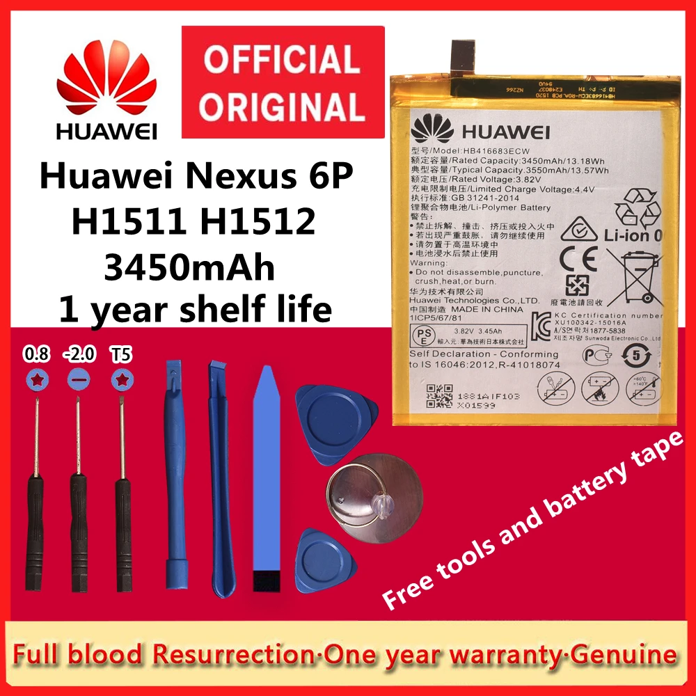 

New 100% Original Battery HB416683ECW Rechargeable Li-ion Phone Battery for Huawei Nexus 6P H1511 H1512 3450mAh+Free Tools