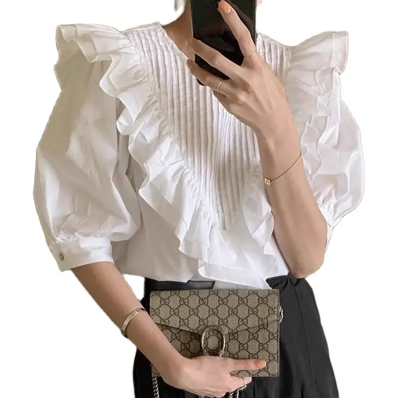 

Женская блузка с оборками, Повседневная однотонная плиссированная блузка с круглым вырезом и пышными рукавами, в Корейском стиле ретро, осе...