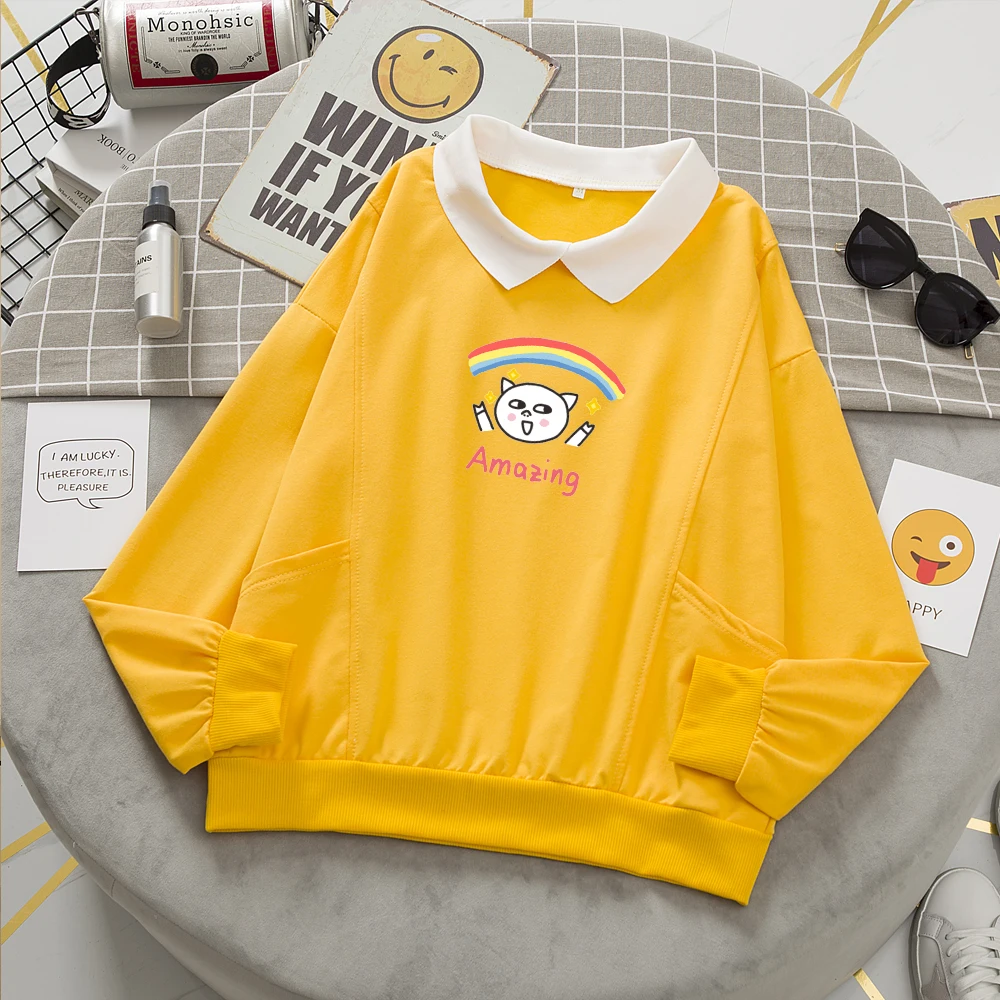 Turn-down Collar Sweetshirt Korean Loose Sweatshirt for Women Oversize Oversized Sweatshirt with Collar Cotton Loose Fit Hoodies