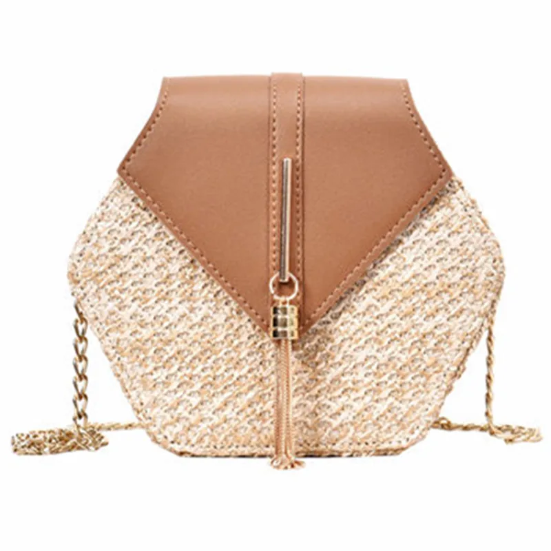 

2021 Hexagon Style Straw+leather Handbag Women Summer Rattan Bag Handmade Woven Beach Circle Bohemia Shoulder Bag