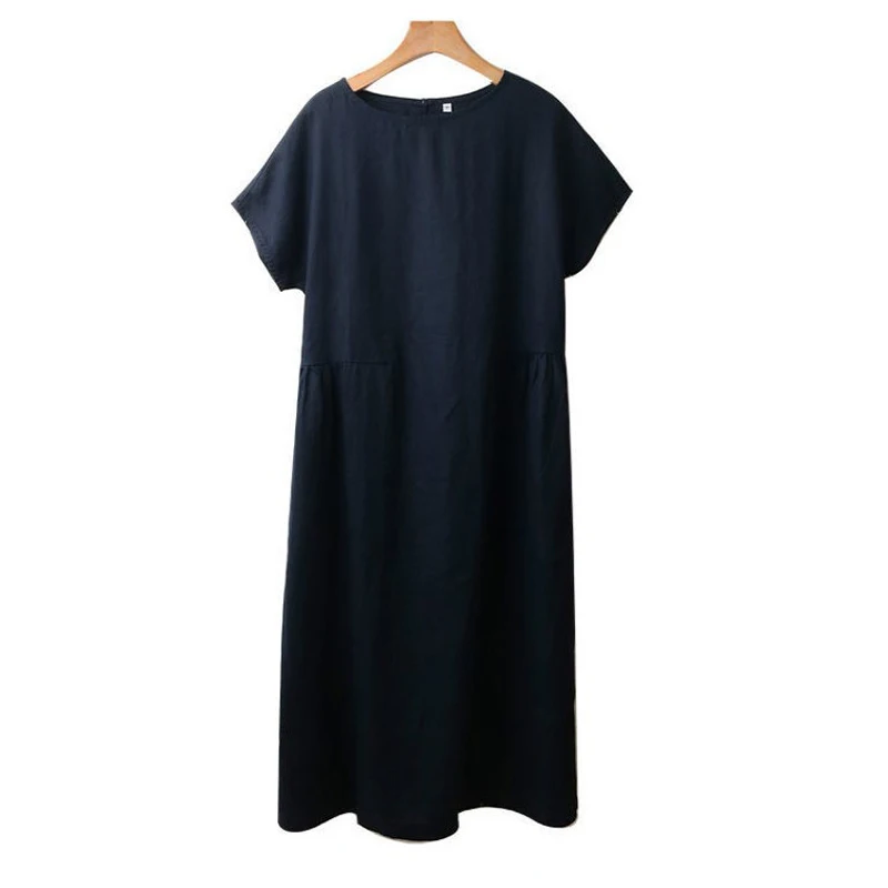 

Johnature 2021 New Casual Simple Women Dress Summer Loose O-neck Short Sleeve Pockets 3 Colors Female Dresses