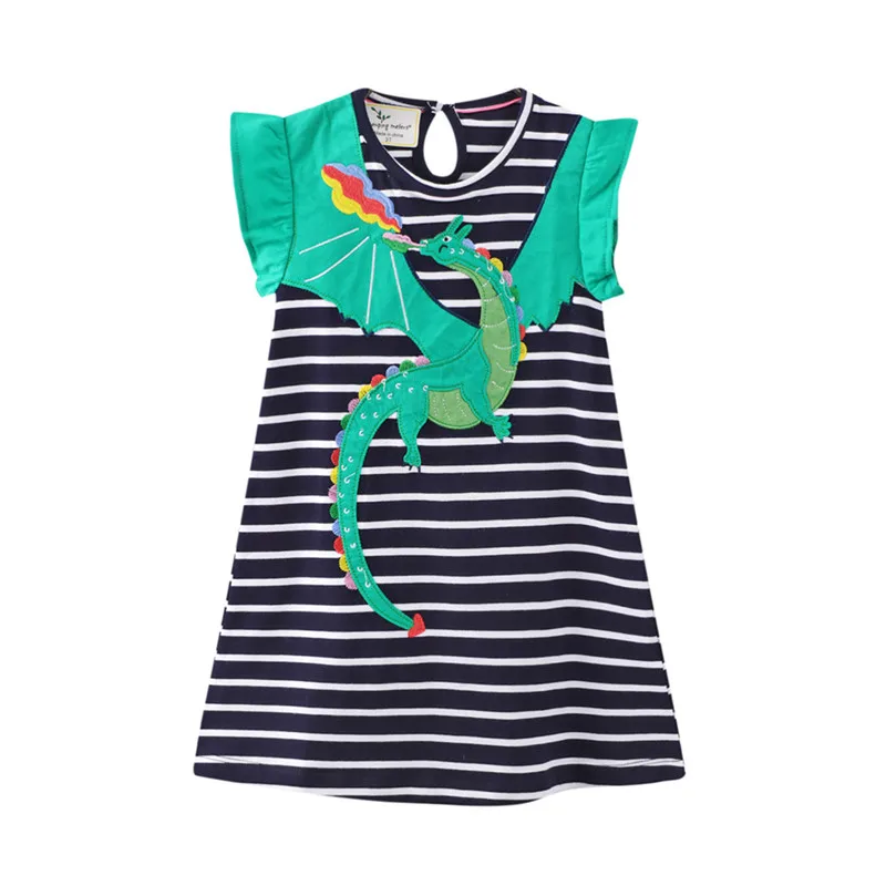Summer Princess Girls Dresses Flying Dragon Applique Cute Children's Clothes Sleeveless Stripe Baby Party Dress