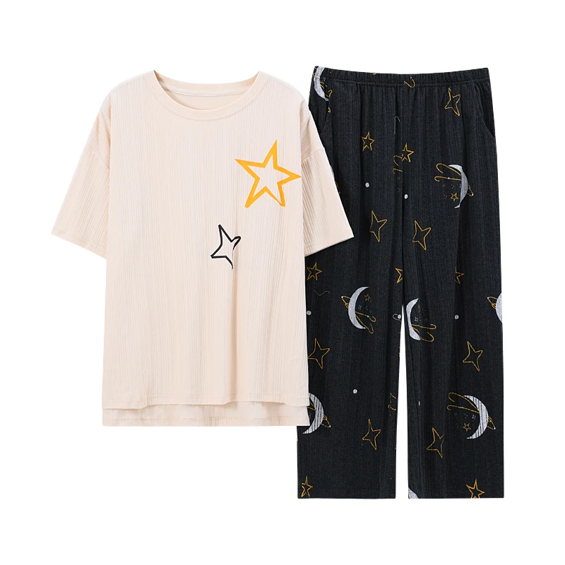 

O-neck Short-sleeve Star Print Sleepwear Summer Casual And Comfortable Home Suit 2-piece Set Mother's Gifts Women Cotton Pajamas