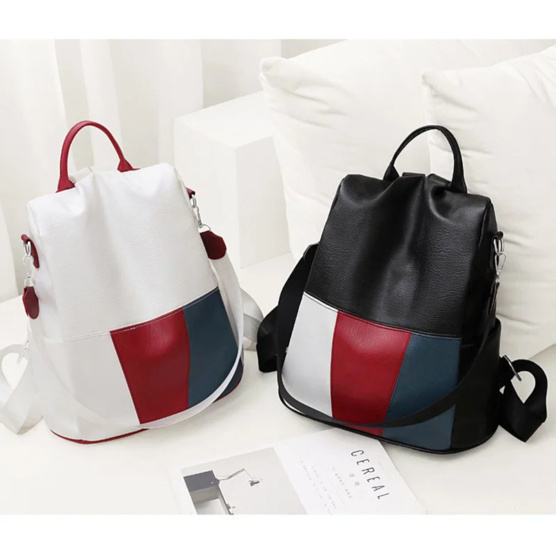 Высокое качество ПУ кожаный панельный рюкзак Цвет: белый черный анти кражи для