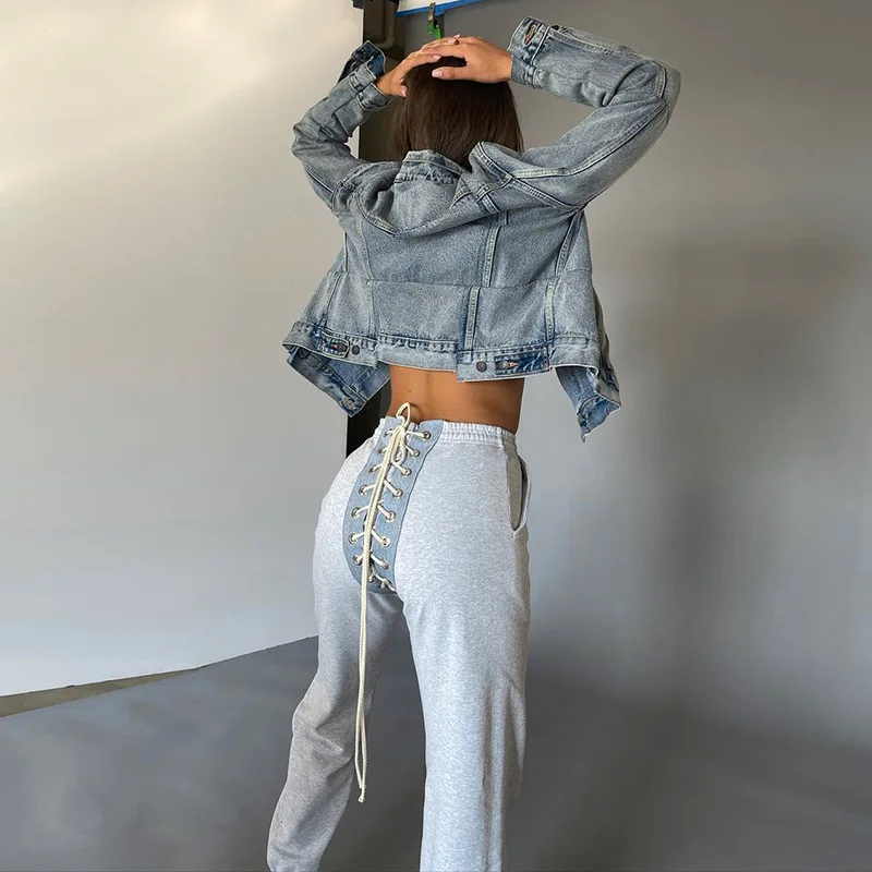 

Personality elastic bandage sports pants women's 2022 spring and summer new gray simple casual sports trousers